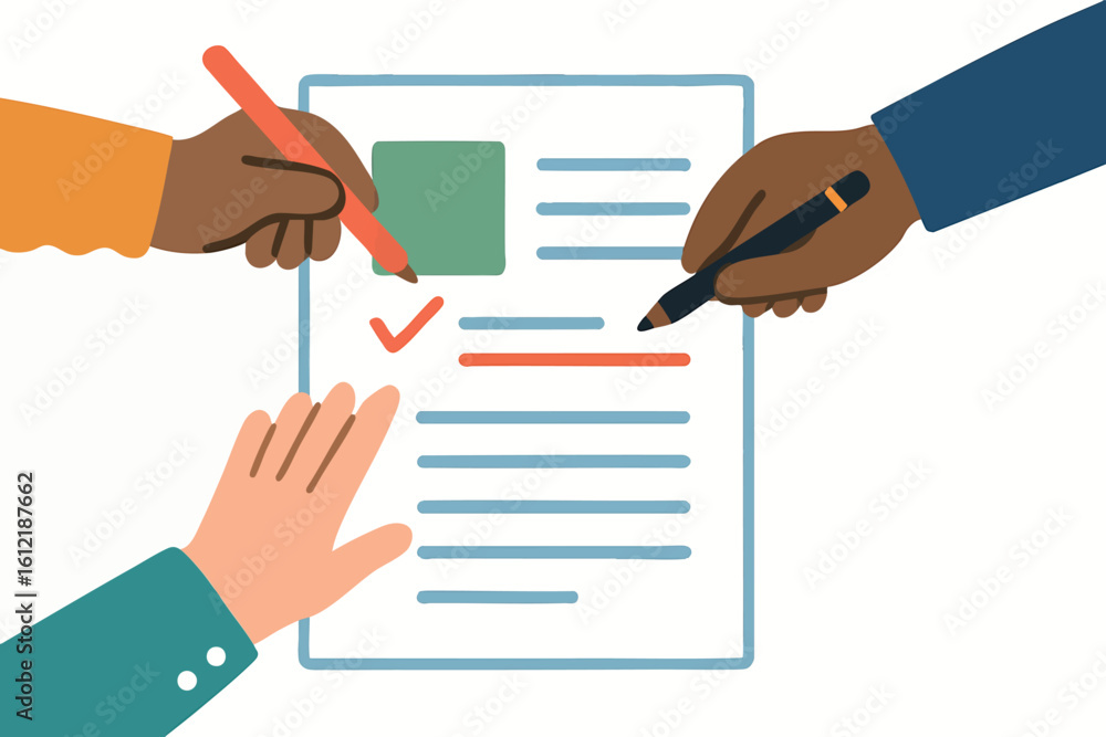 Aufkleber flat vector shared document being edited by multiple hands, collaboration in action, isolated on whi