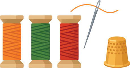 Flat vector set of colorful sewing threads on spools with needle and thimble, isolated on white