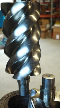 Technician placing screw compressor rotor into housing