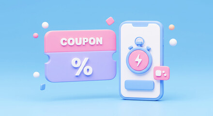 3D Illustration of a Pink and Purple Discount Coupon Beside a Smartphone with a Countdown Timer Representing Flash Sale Marketing Mobile Shopping Promotions and Limited Time Special Offers