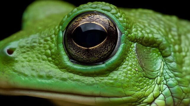 Close-up green frog eye, textured skin, dark background, nature photography