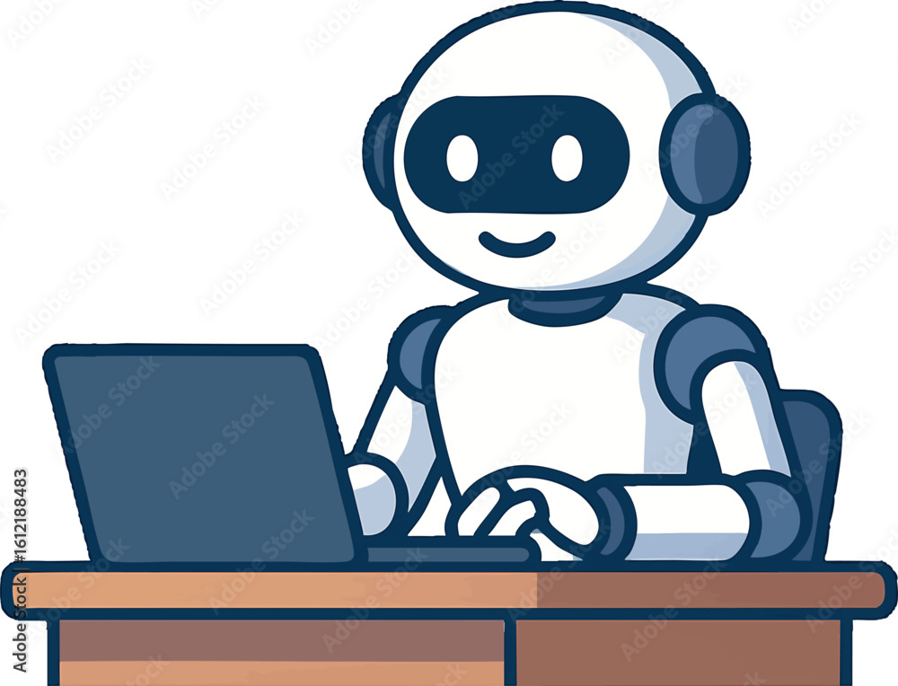 Poster flat vector smart robot sitting at desk using laptop, digital assistant metaphor, isolated on white
