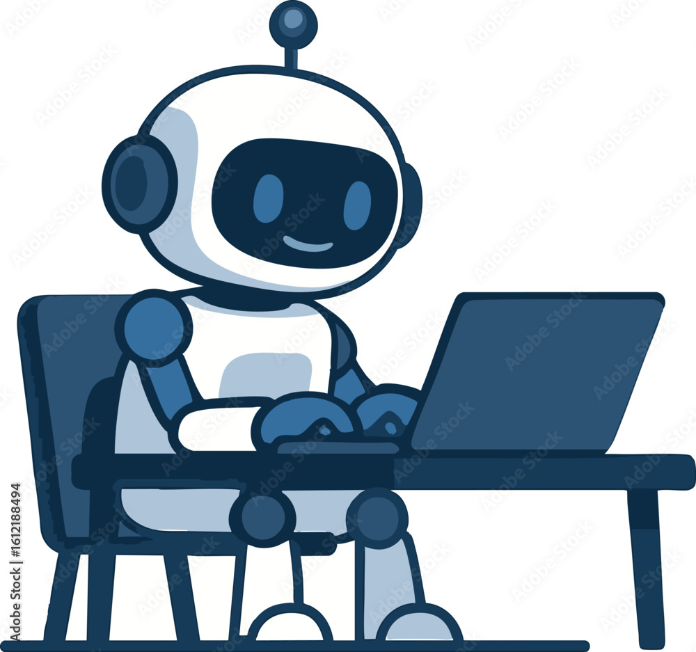 Poster flat vector smart robot sitting at desk using laptop, digital assistant metaphor, isolated on white