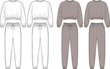 Women's cropped sweatshirt and joggers set vector template, front and back flat sketch, casual loungewear fashion design for apparel and clothing