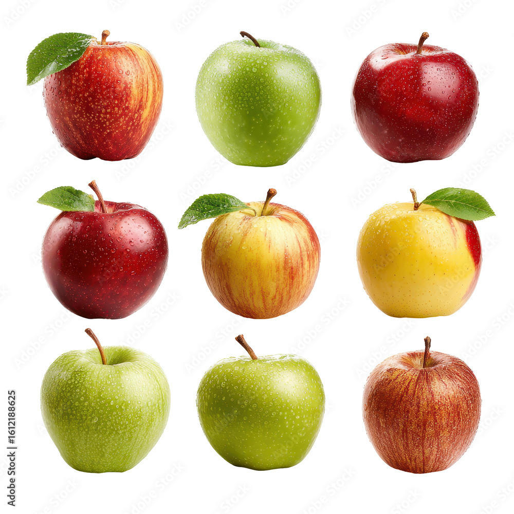 Poster colorful assortment of fresh apples displayed in a grid showcasing different varieties and textures 