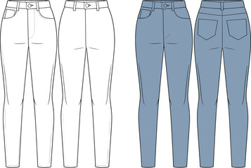 Skinny jeans vector template – women’s slim-fit denim pants with classic 5-pocket style, front and back fashion flat sketch © Md