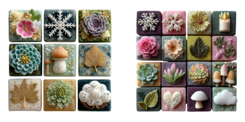 A diverse collection of intricately designed handmade soaps featuring floral, natural, and seasonal motifs isolated on transparent background