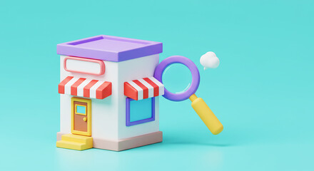 Store Search & Local Business Discovery: 3D Illustration of Shop with Magnifying Glass