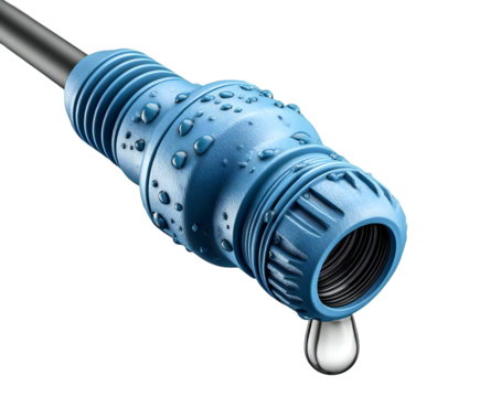 Photo of a blue waterproof electrical connector, glistening with water droplets and a single drop falling, is isolated on a transparent background