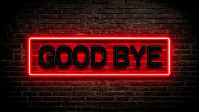 Glowing red neon sign with the word goodbye on dark brick wall background for farewell themed decoration