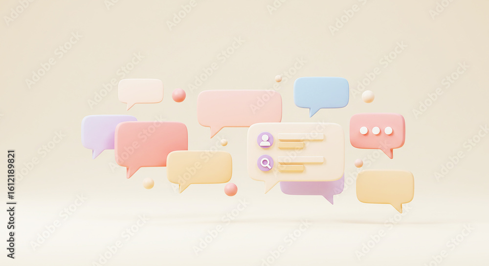 Poster 3d pastel chat bubbles: minimalist render of floating speech bubbles with a messaging interface, sym
