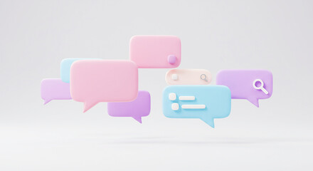 Fototapeta premium 3D Pastel Chat Bubbles with Search and Checklist Icons: A minimalist render for social media communication, planning, online search, and dialogue concepts