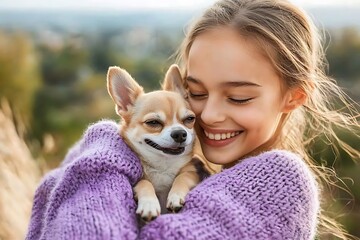 Woman Holds Dog Outdoors.