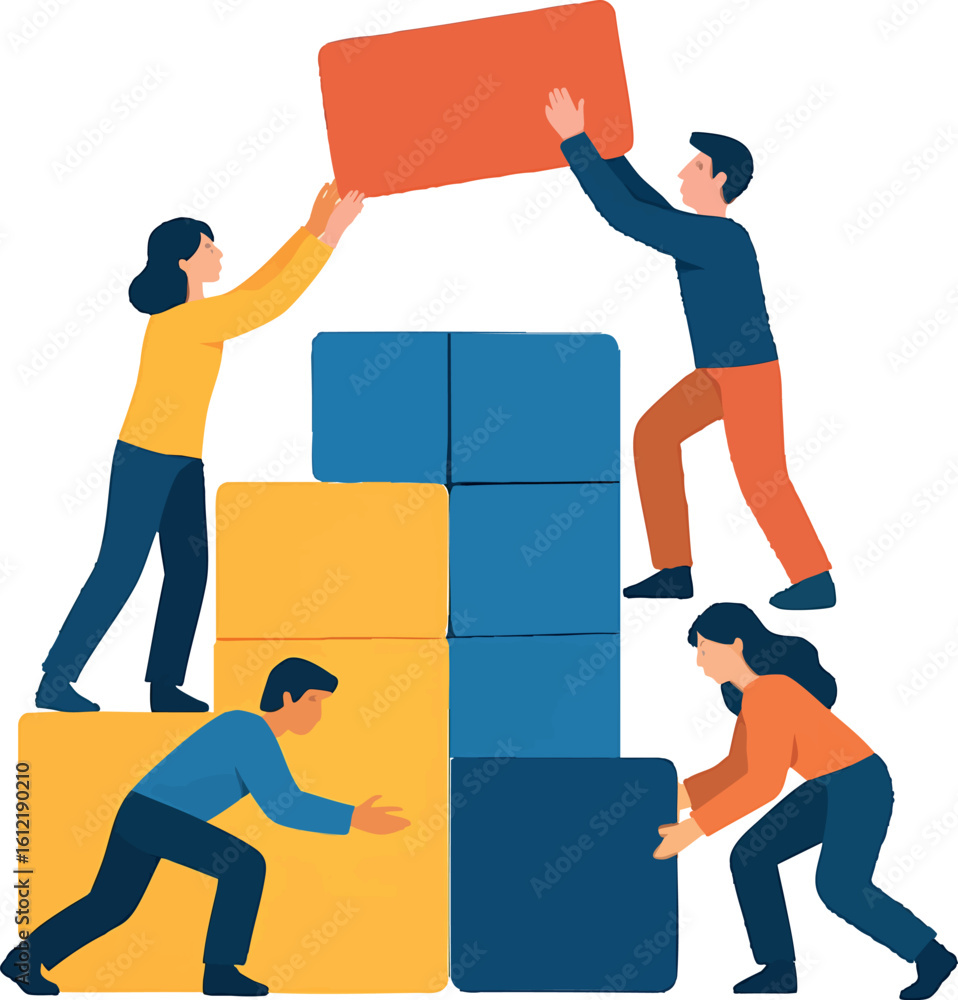 Poster flat vector team building a structure with giant blocks, cooperation concept, isolated on white