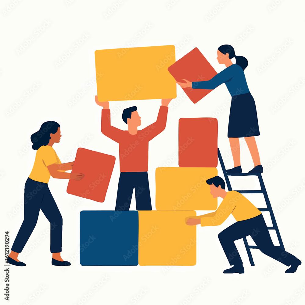 Poster flat vector team building a structure with giant blocks, cooperation concept, isolated on white