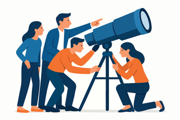 Flat vector team using telescope together, shared vision and planning metaphor, isolated on white