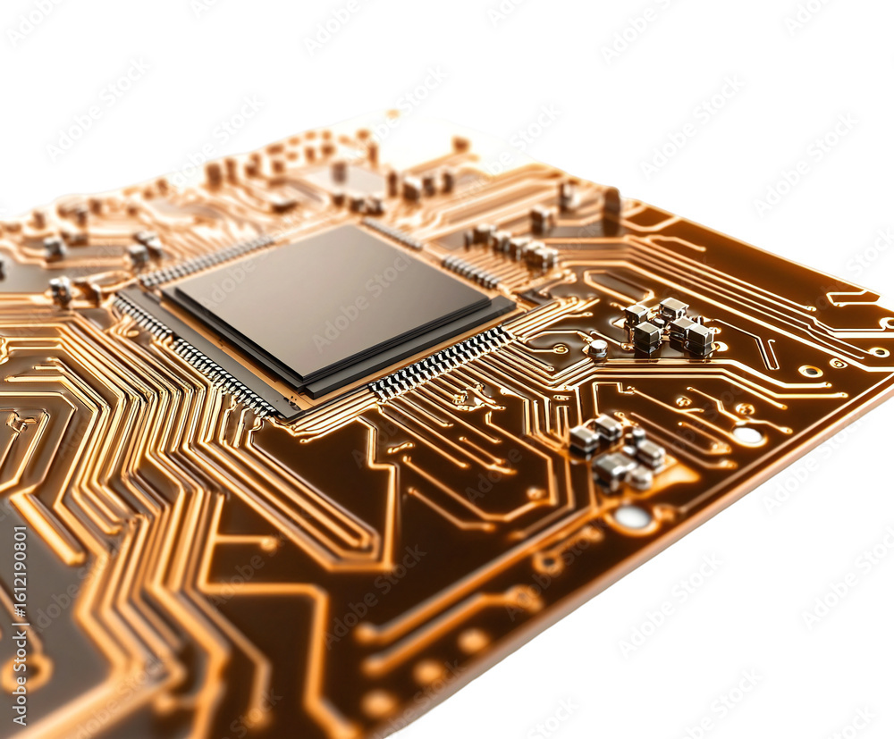 Aufkleber photo of a detailed macro shot of a golden computer processor chip on a circuit board, showcasing in