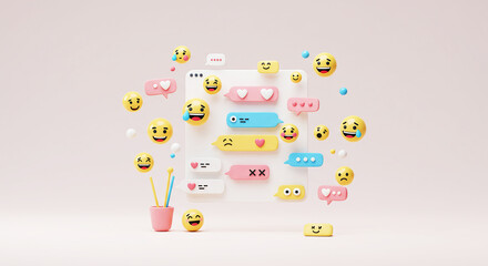 Online chat, mobile messaging, digital conversation, and social media. A 3D render of a chat window with various speech bubbles and a vibrant collection of emojis