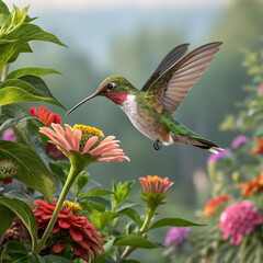 Fototapeta premium Hummingbird hovering near flowers in a garden