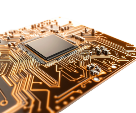 Photo of a detailed macro shot of a golden computer processor chip on a circuit board, showcasing intricate electronic pathways and components against a transparent background
