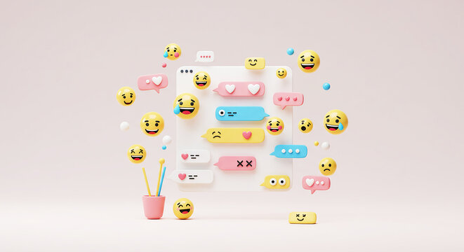 Online chat, mobile messaging, digital conversation, and social media. A 3D render of a chat window with various speech bubbles and a vibrant collection of emojis