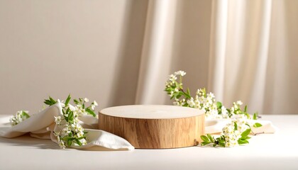 Wooden podium with white flowers