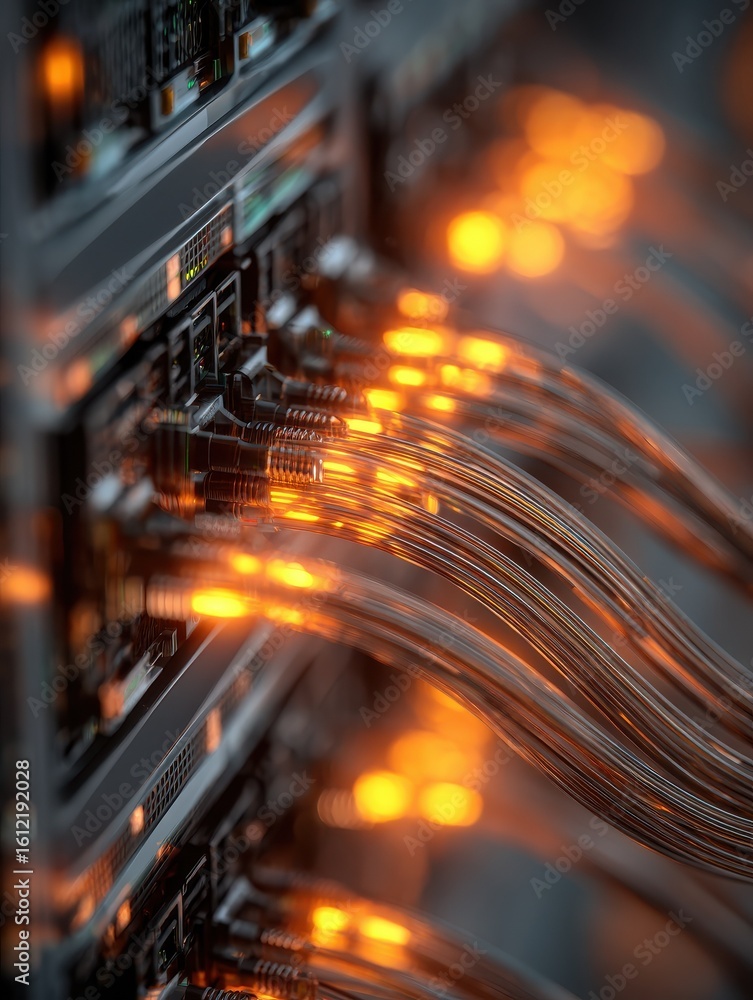 Poster a closeup of data center server of glowing data cables transferring information.