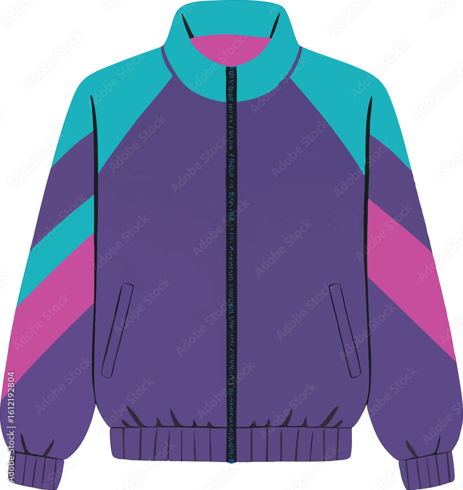 Poster flat vector windbreaker jacket with zipper and color blocks, 90s retro style, isolated on white