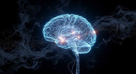 A glowing digital representation of a human brain with interconnected neural pathways, highlighting the complexity of brain activity and neural networks.