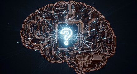 A digital brain made of circuit lines with a glowing question mark at its center, symbolizing artificial intelligence, cognition, and problem-solving.