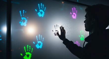 A person touches colorful glowing handprints on a dark glass wall, creating an interactive and futuristic visual effect.