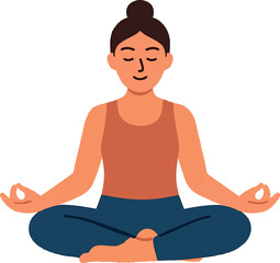 Flat vector woman in yoga pose with peaceful face and bun hairstyle, isolated on white