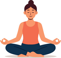 Flat vector woman in yoga pose with peaceful face and bun hairstyle, isolated on white