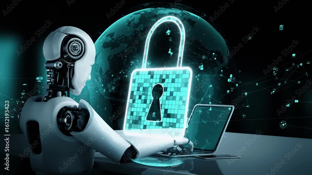 Poster ai robot huminoid uses cloud computing technology to store data on online server . futuristic concep