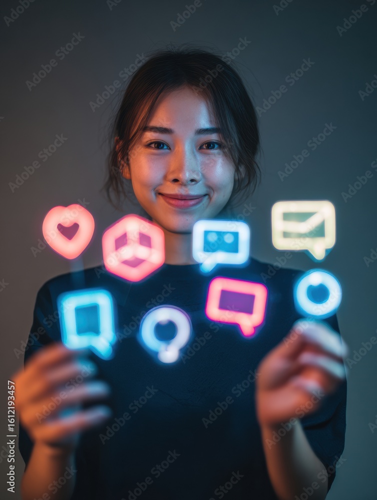 Poster student proudly displaying badge from digital quiz competition with glowing icons in background at a