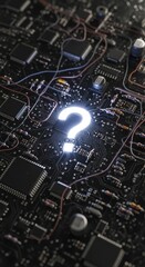 A glowing question mark illuminated on a complex black circuit board with interconnected wires and electronic components.