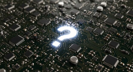 A glowing question mark appears on a complex black circuit board, symbolizing uncertainty or inquiry in technology or electronics.