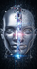 A futuristic robotic face split in half, combining smooth metallic surfaces with intricate digital circuitry and glowing lights.