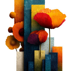 Conceptual 3D floral cityscape artwork featuring layered geometric structures and vivid foam-textured blossoms in orange, red, and teal tones on a transparent background