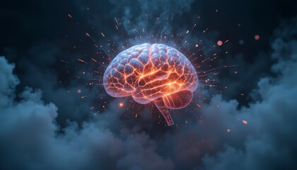 A glowing digital brain surrounded by sparks and smoke, symbolizing intelligence, creativity, and neural activity.