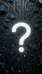 A glowing question mark is overlaid on a dark, intricate electronic circuit board, symbolizing uncertainty or inquiry in technology.