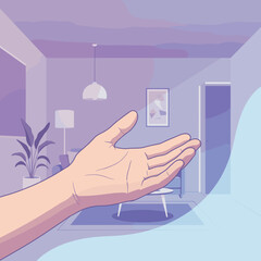 Support hand reaching out in modern interior with soft purple hues, copy space