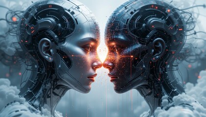 Two futuristic humanoid robots face each other closely, their mechanical and digital components illuminated with glowing orange and blue lights.