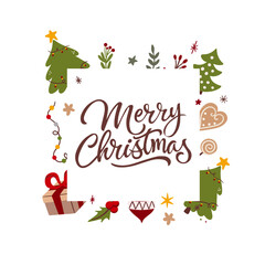 Vector New Year frame with festive elements. Holiday background.