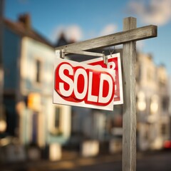 House for sale, sign says "SOLD" with blurred house on background