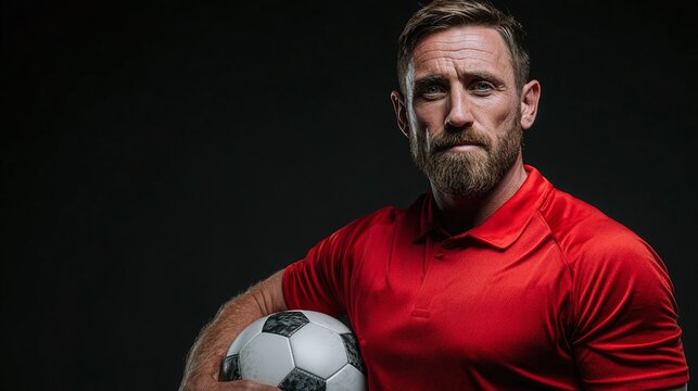 Determined soccer player with intense gaze holding a ball. Focused and ready for the game, athlete with a beard, wearing a red uniform against a dark backdrop.