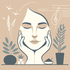Abstract illustration of a serene woman with plants and nature elements  