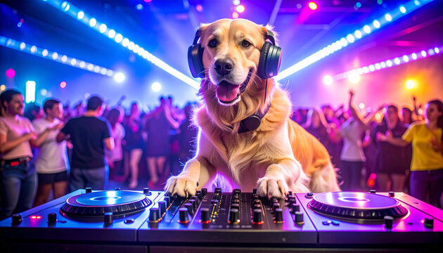 A golden retriever dog DJing at a party with headphones on, mixing music on a turntable, with a crowd dancing in the background.