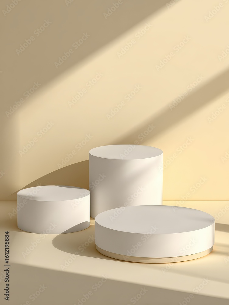 Poster minimalist product display with three white round podiums on beige background with sunlight.