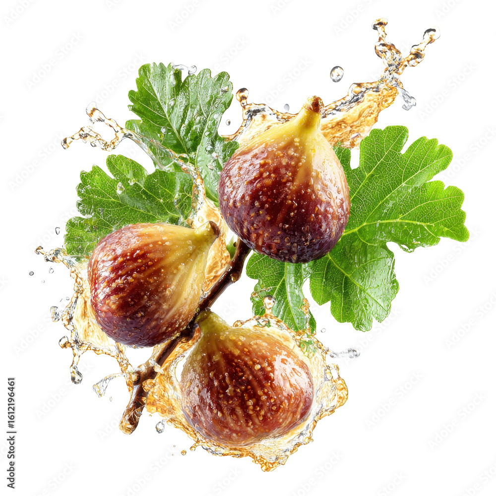 Poster fresh figs splashing in water with green leaves on a white background creating a vibrant and refresh